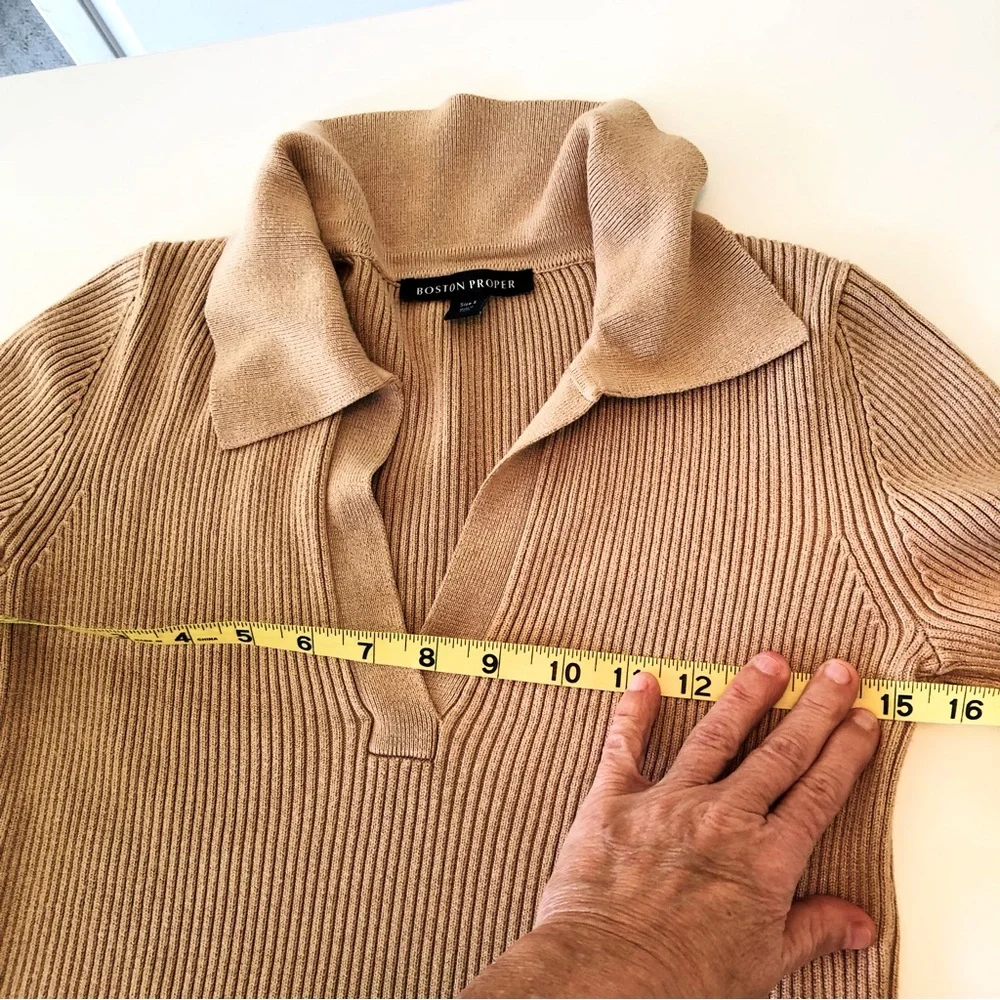 Boston Proper Ribbed Polo Sweater Tan Small Knit Preppy Classic